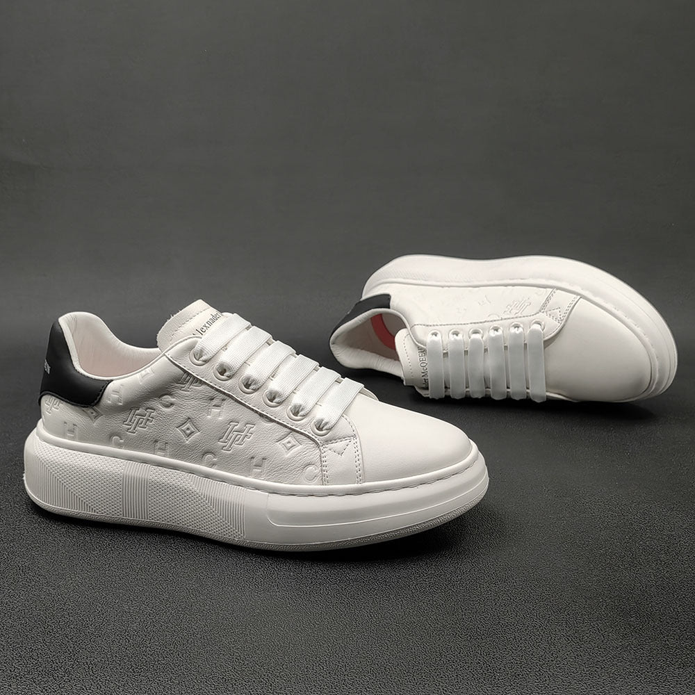 Men's Top Layer Fashionable Genuine Embossed White Men's Sports Shoes