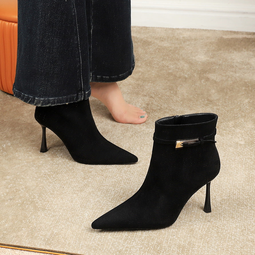 Women's Fashion Sexy Pointed Toe Suede Stiletto Belt Buckle Heels