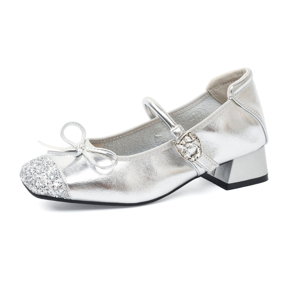 Women's French Mary Jane Low Rhinestones Strap Chunky Heels