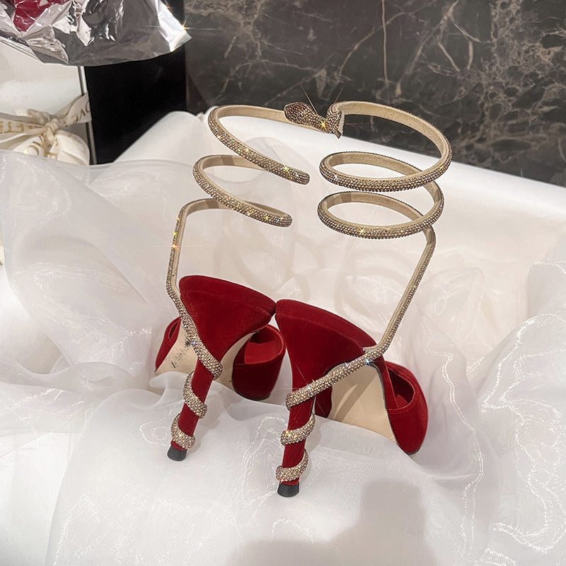 Women's Toe Summer Sexy Snakelike Winding Rhinestone Suede Pointed White Satin High Heeled Sandals