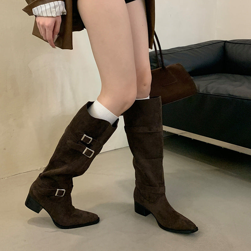 Below The Knee Pointed Toe Knight Chunky High Fashion Women's Leather Boots