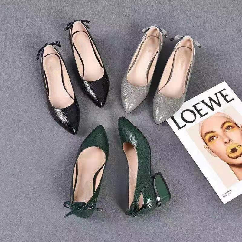 Women's Chunky Low-cut Mid Authentic Soft Bottom Pointed Low Bow Heels