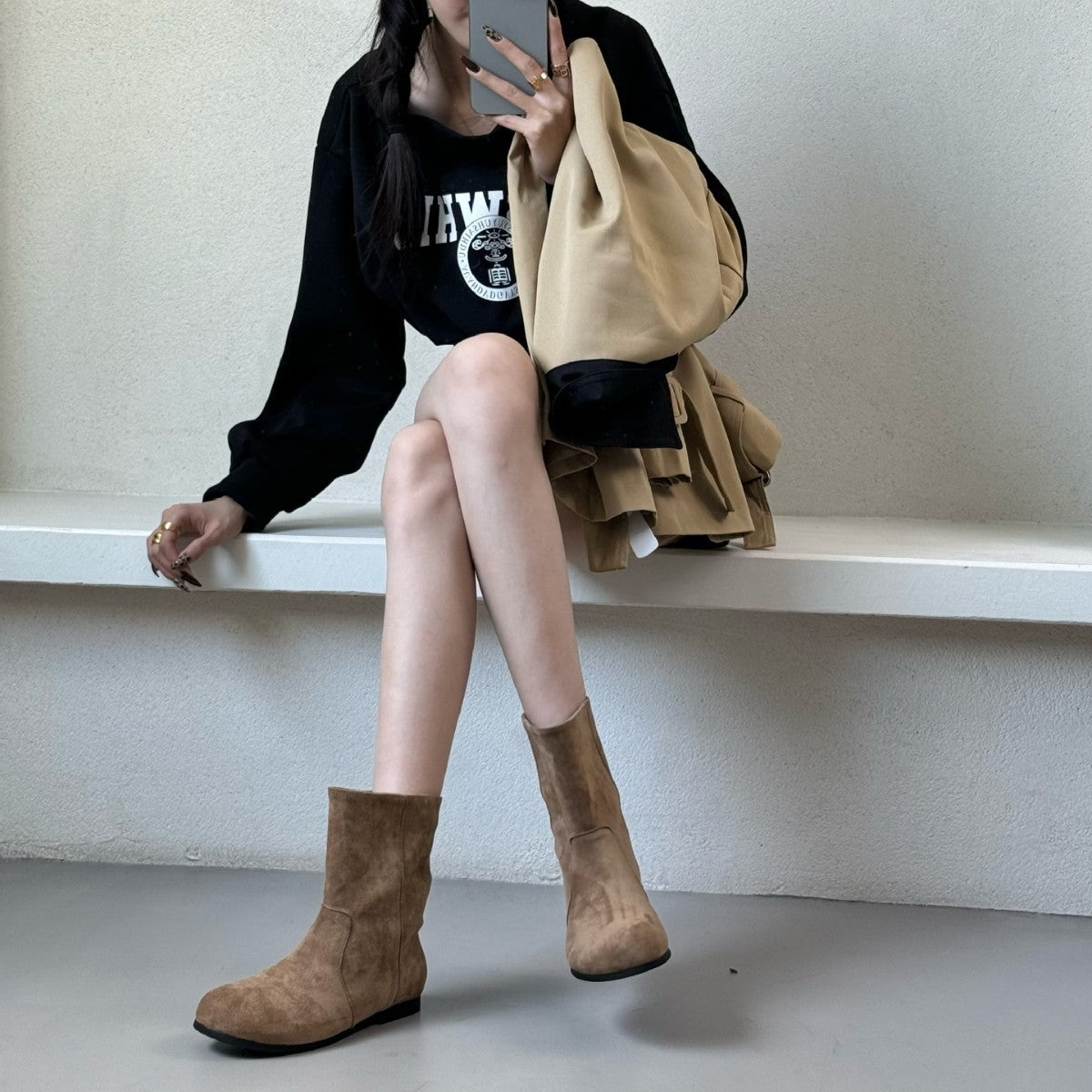 Suede Sleeve Low Thin Short Lazy Style Frosted Soft Women's Leather Boots