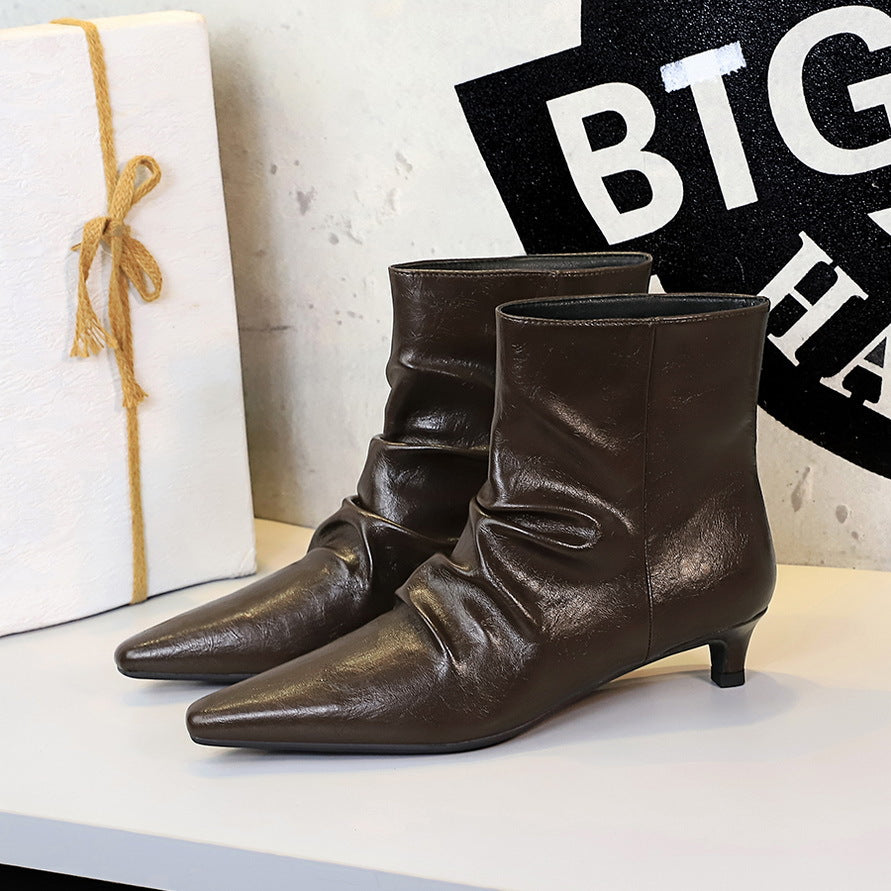 Women's Retro Fashion Stiletto Short Tube Pleated Women's Leather Boots