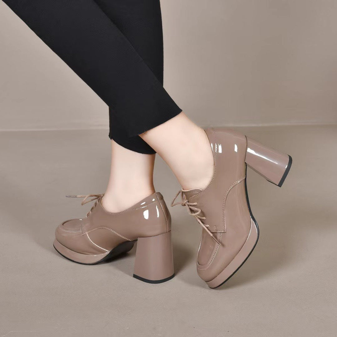 Women's Chunky Pumps Simple Pure Color Tied Western Style Patent Heels