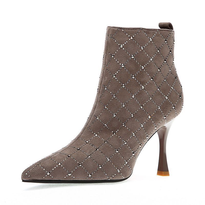 Women's Lightly Mature Stiletto Ankle Commuter Professional Pointed High Rhinestone Martin Heels