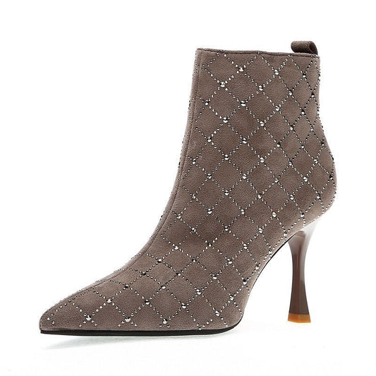 Women's Lightly Mature Stiletto Ankle Commuter Professional Pointed High Rhinestone Martin Heels