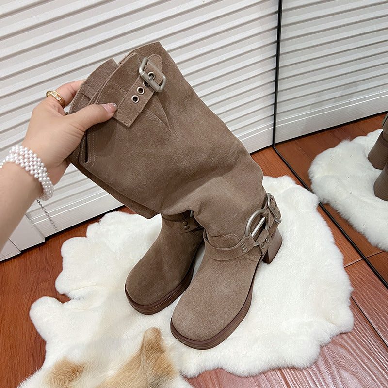Long Female Chunky High Pile Style Western Cowboy Frosted Women's Leather Boots