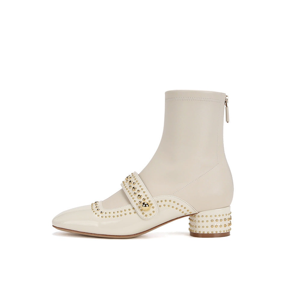 Square Toe Rivet Strap Knight Thick Thin Female Grape Women's Leather Boots