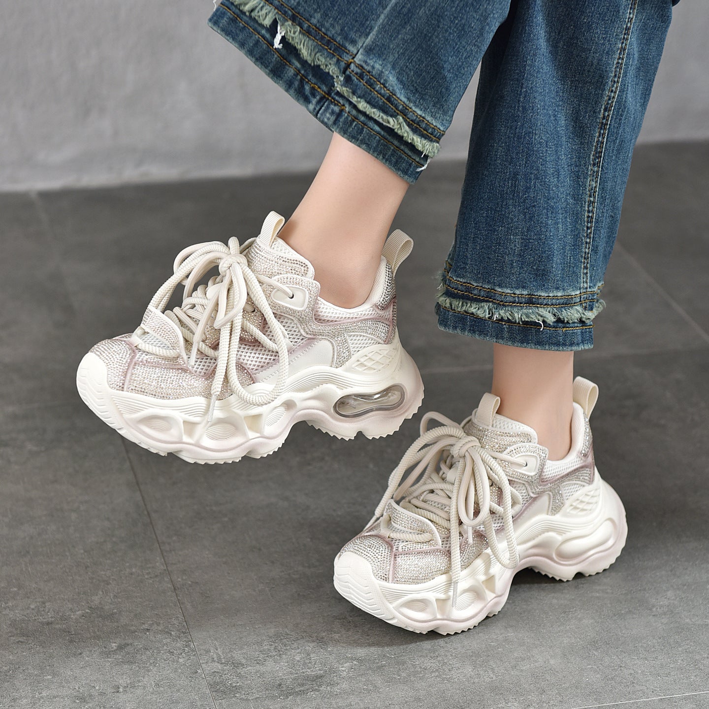 Women's Small Thick Bottom Fashion Rhinestone Spring Authentic Sports Casual Shoes