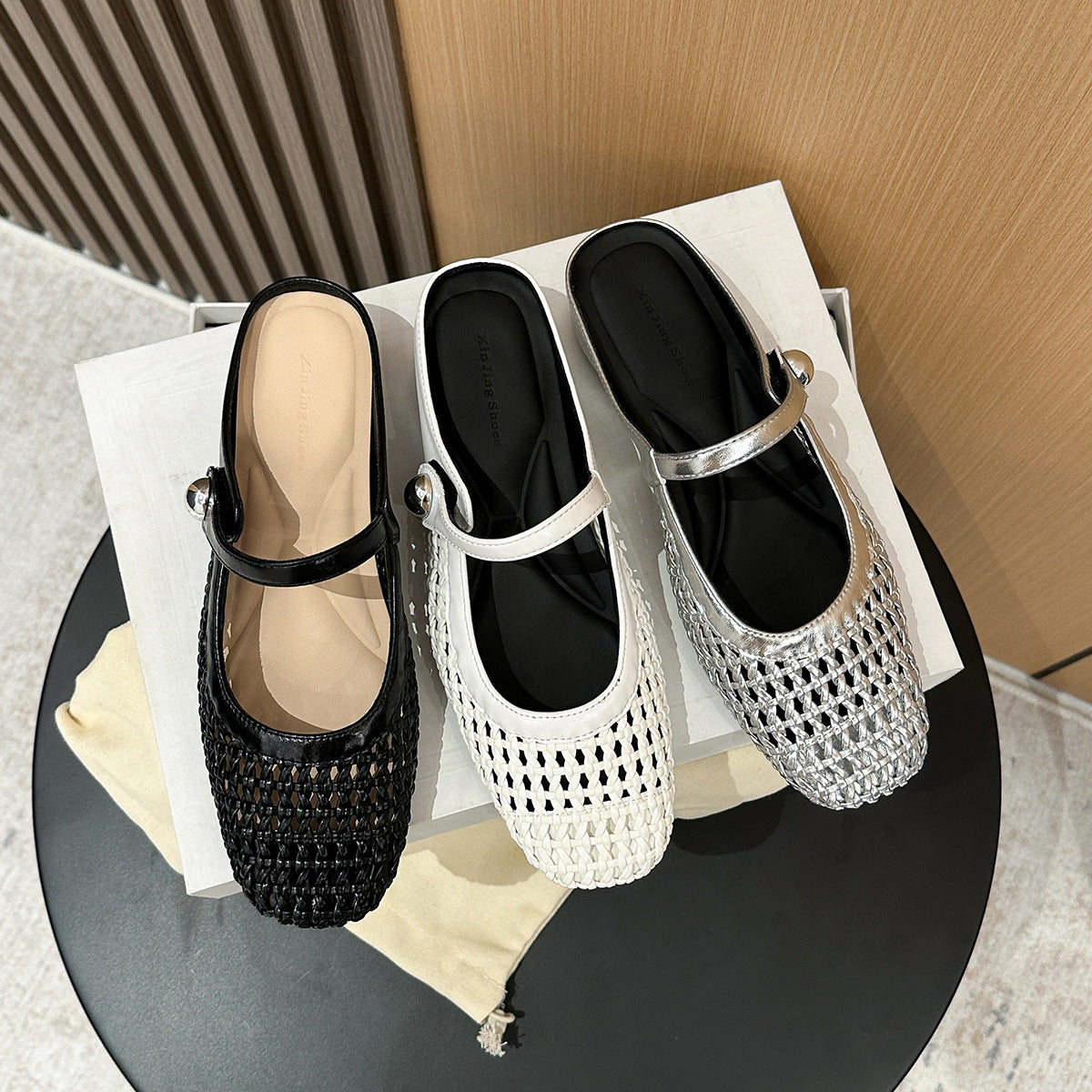 Women's Square Toe Woven Hollowed Breathable Height Increasing Insole Back Open Women's Fashion Shoes
