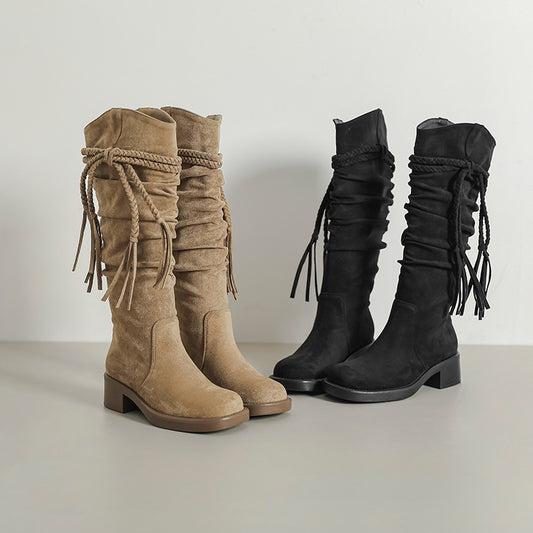 Long Female Vintage Tassel Woven Waste Soil Style Knight Thick Boots