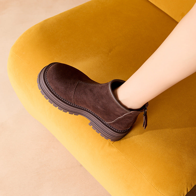 Women's Winter Vintage Fleece-lined Warm Side Zipper Frosted Cowhide Platform Women's Leather Boots