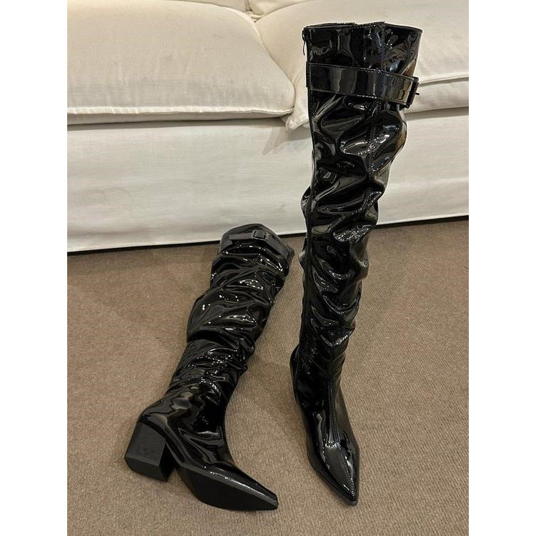 Over The Knee Large Tube Circumference Pile Style Pleated High Heels