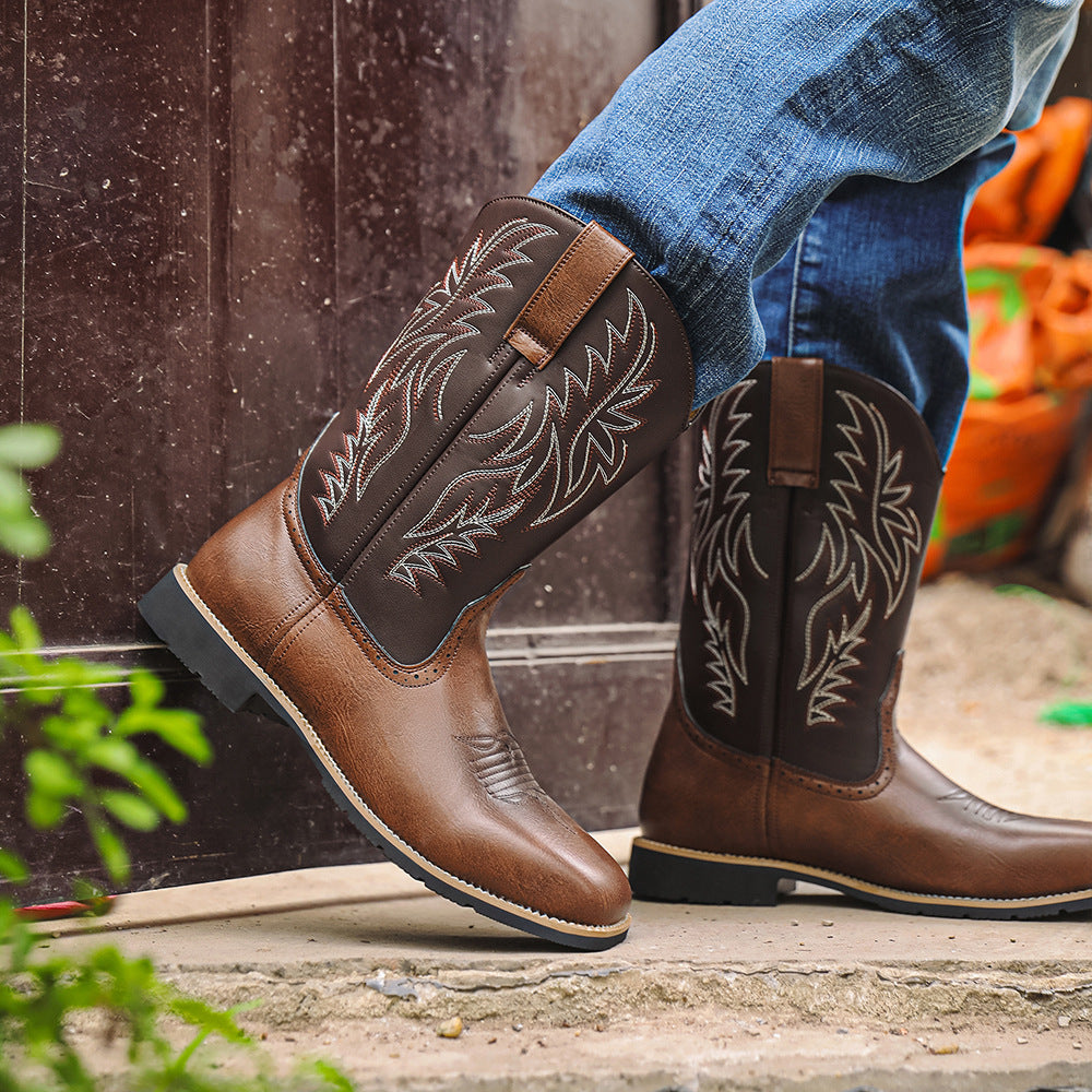 High Embroidered Retro Wide Head Western Cowboy Bags Packaging Men's Leather Boots