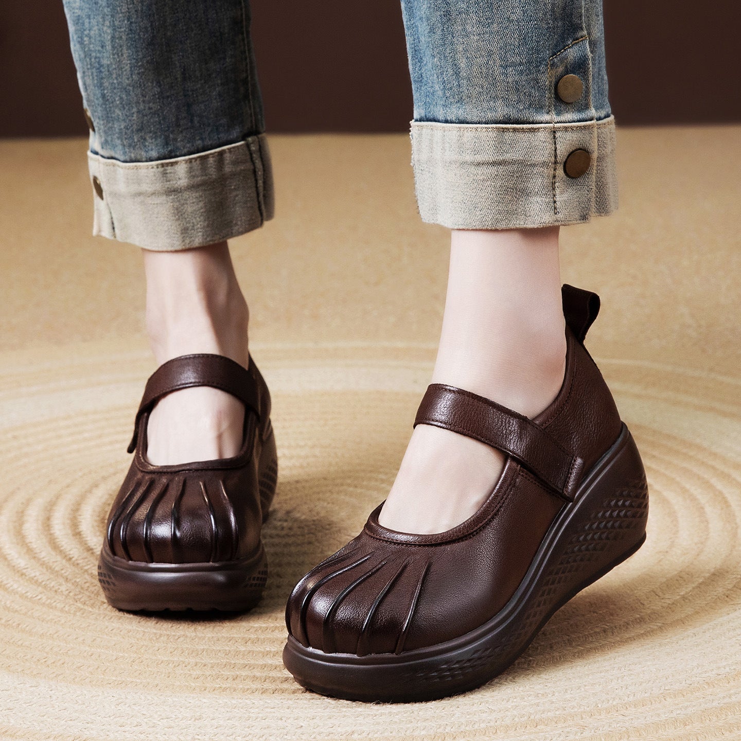 Women's Vintage Mary Jane Spring Ethnic Style Handmade Genuine Wedge Thick Women's Fashion Shoes
