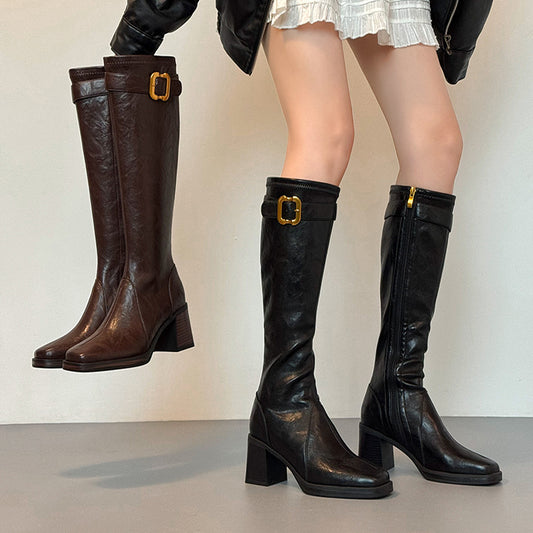 Hot Square Toe Slimming Belt Buckle Design Thick High Women's Leather Boots