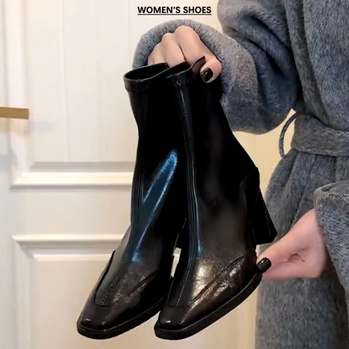 Women's Short For Square Toe Martin Black Chunky Women's Leather Boots