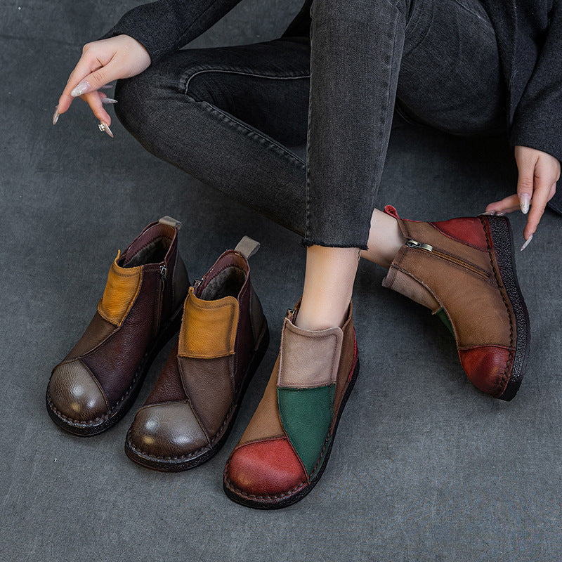 Women's Layer Cowhide Veet Warm Retro Contrast Color Short Tube Flat Boots