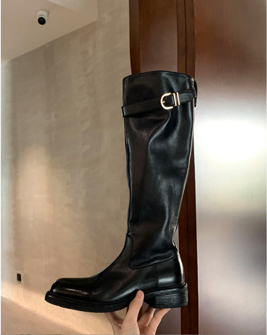 Women's Version Washed Horse Round Head Chunky Thick Bottom Raised Leg Boots