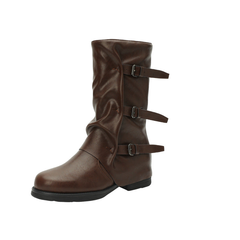 Women's Middle Outer Wear Retro Punk Side Zipper Pants Western Style Women's Leather Boots