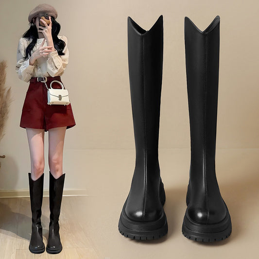 Women's The Knee Autumn Slimming High Leg V Women's Leather Boots