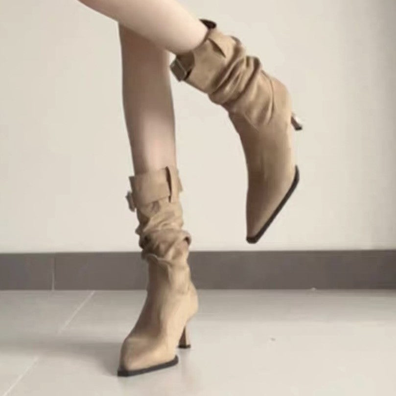 Women's Fleece-lined Pleated Pile Style High French Small Women's Leather Boots