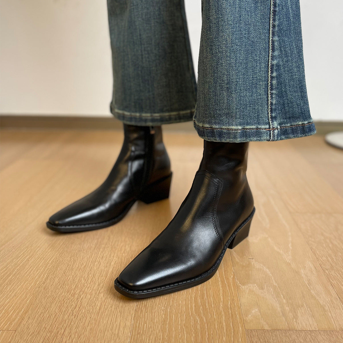 Women's Layer Cowhide Square Toe Short Chunky High British Women's Leather Boots