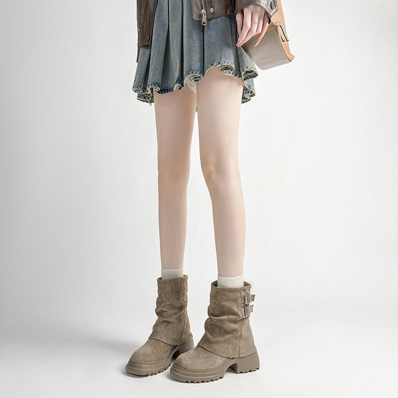 Women's Small Size Western Denim Riding Height Increasing Insole Platform Pleated Women's Leather Boots