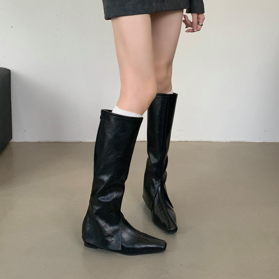 Women's Toe Soft Surface Double Perforating High Below The Knee Thin Women's Leather Boots