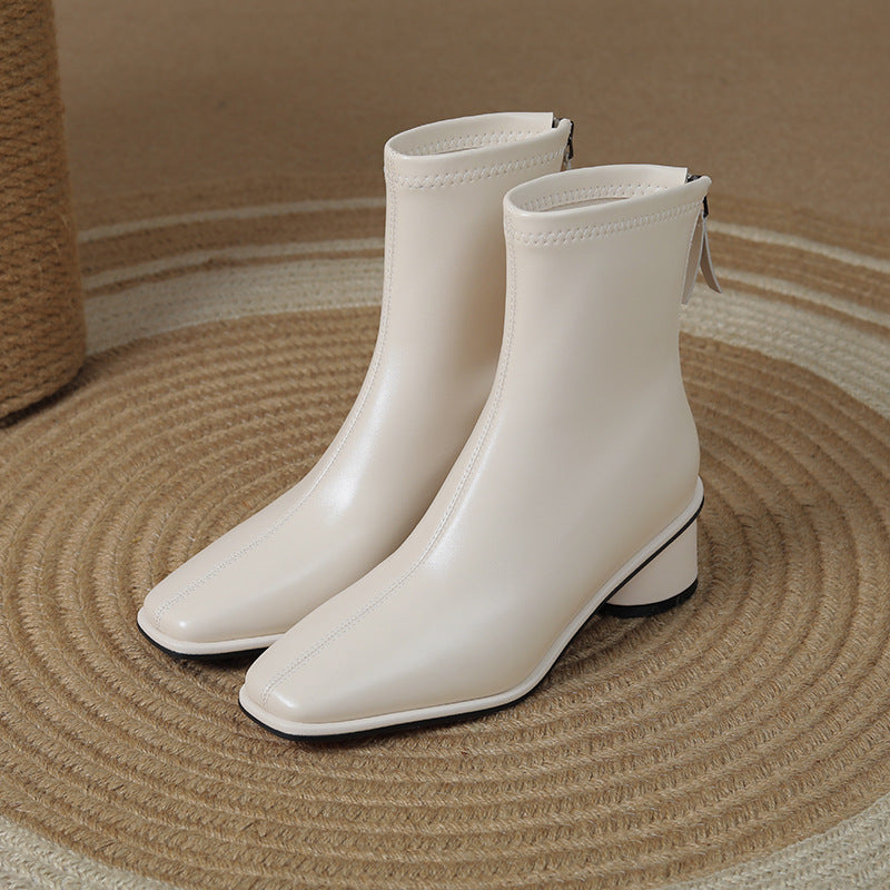 Women's High-grade Square Toe Booties Soft Bottom Fashion Chunky Chelsea Women's Leather Boots