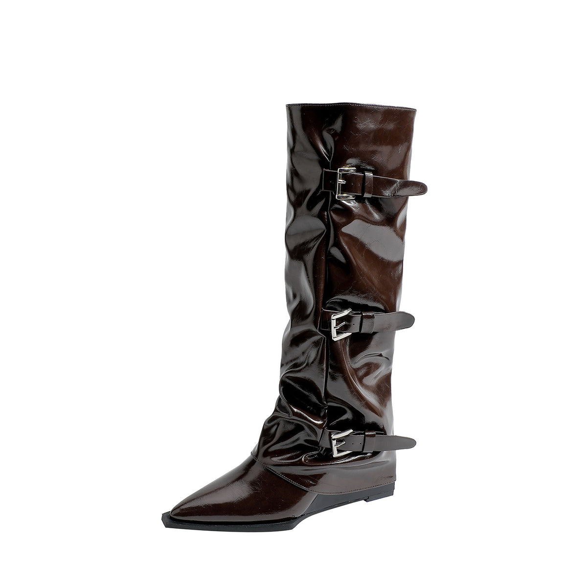Buckle Pants Chunky Long Female Hot High Leg Pointed Black Women's Leather Boots