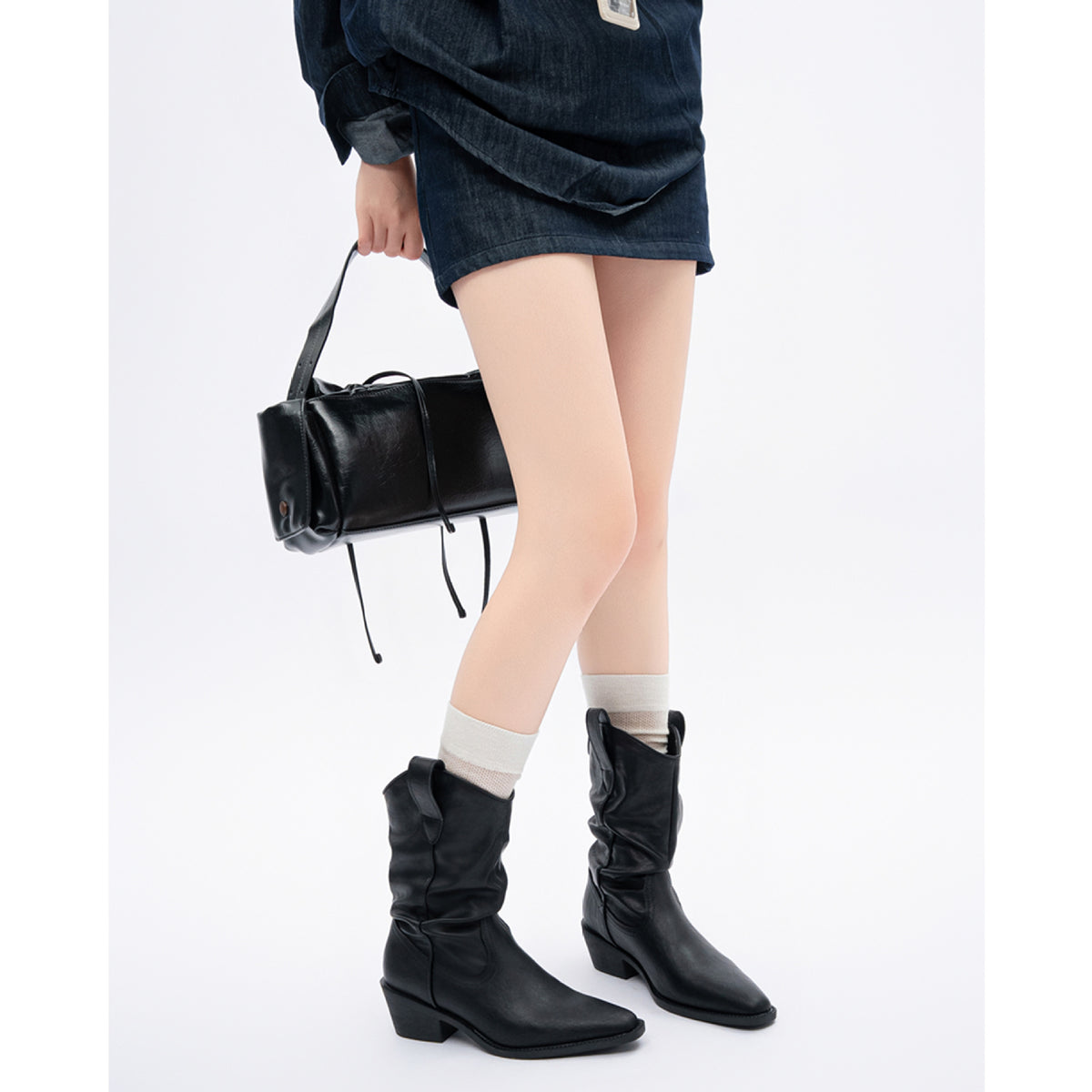 Vintage Crumpled Pile Style Short Female Autumn Western Cowboy Boots