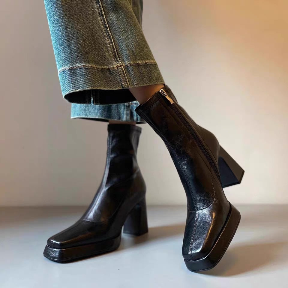 Women's High Small Waterproof Platform Thick Chelsea French Style Boots