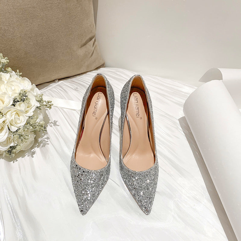 Women's Sequin Wedding Dress Two-way Wear Crystal High Stiletto Not Tired Heels