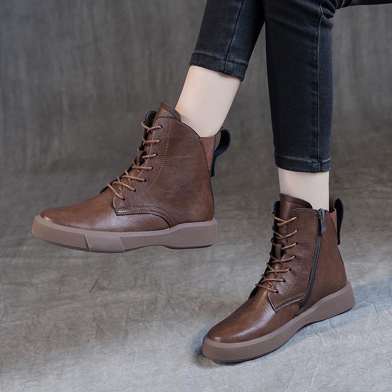 Women's Versatile Cowhide Short British Retro Platform Women's Leather Boots