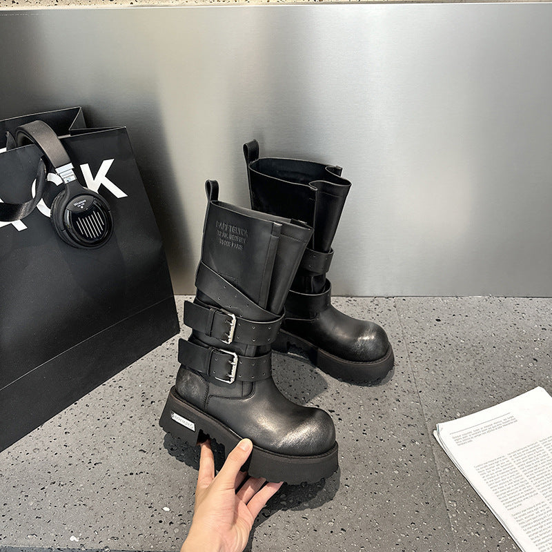 Women's Bottom Retro Big Head Derby Punk Motorcycle Knight Women's Leather Boots