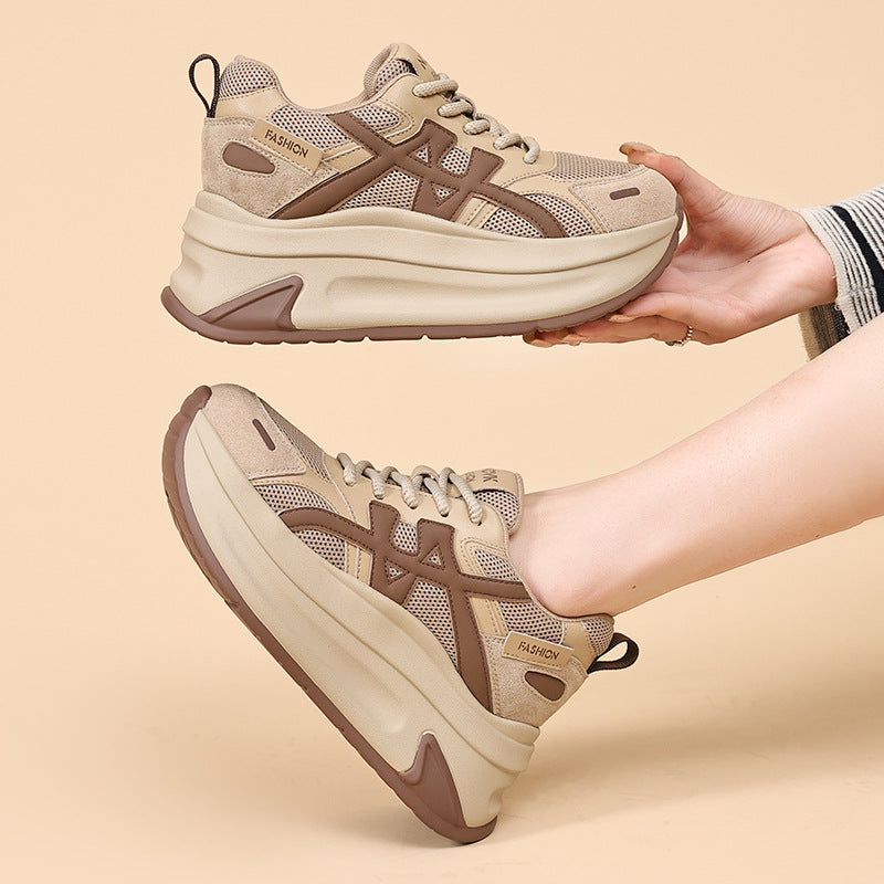 Women's Increasing Insole Mesh Platform Dad Lace Color Block Surface Small Women's Sports Shoes