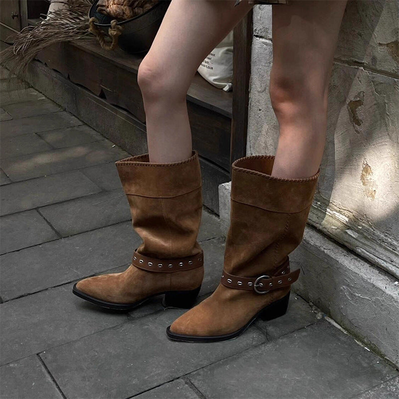 Women's Early Autumn Retro Middle Western Pointed Women's Leather Boots