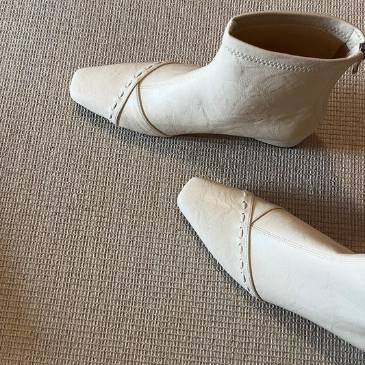 Women's Version Square Toe Genuine Simple Skinny French Gentle Back Zipper Women's Leather Boots