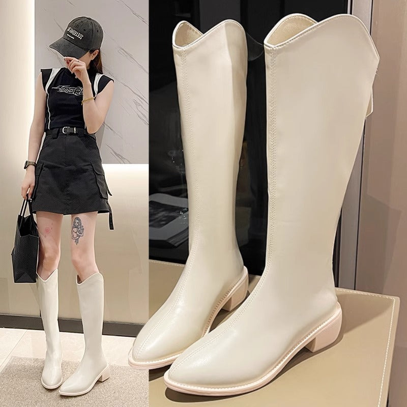 Long V Cut Milk Tea Brown Chunky Female Winter Small Women's Leather Boots
