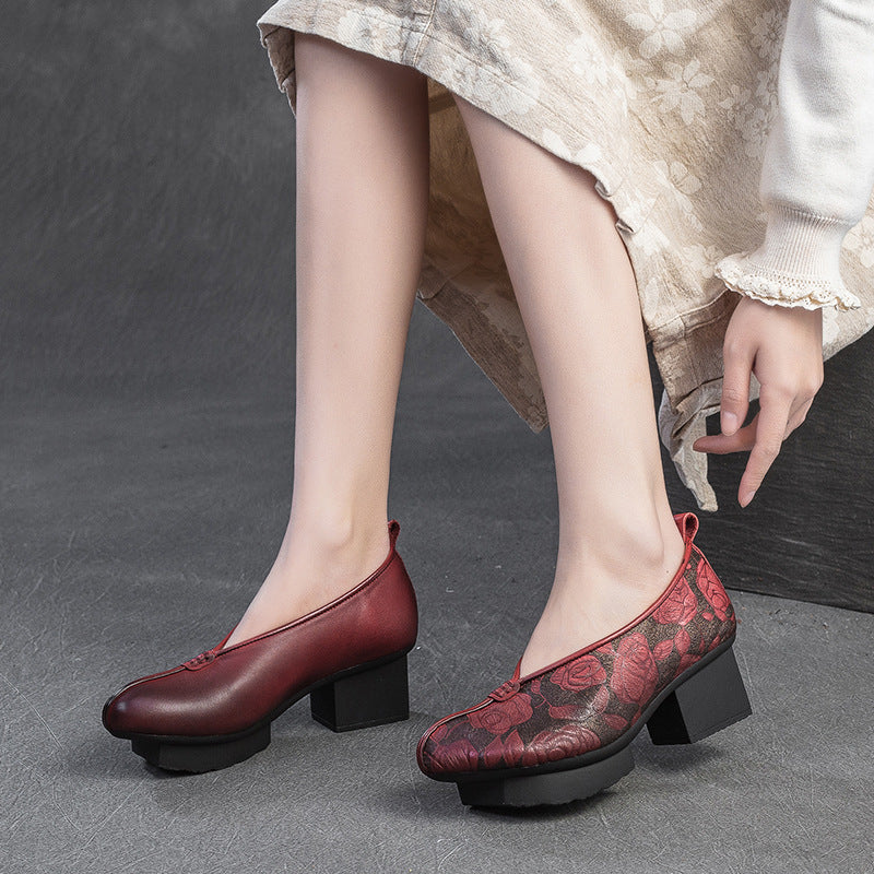 Women's Style Traditional Chunky Pumps First Layer Cowhide Embossed Women's Casual Shoes