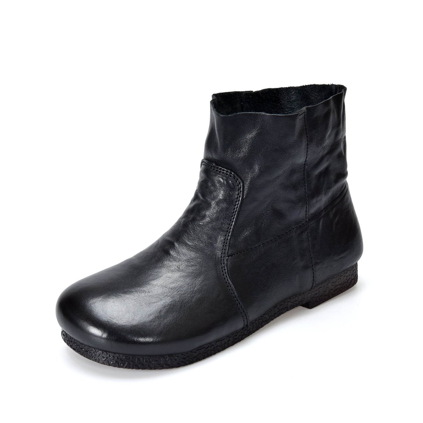 Women's Pattern First Layer Cowhide Round Toe Flat Bottom Women's Leather Boots