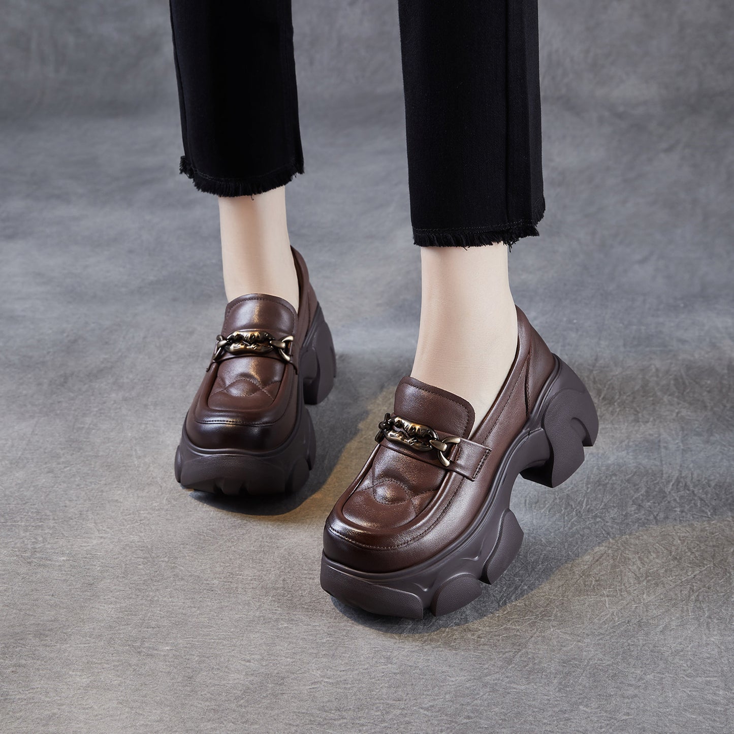 Women's British Platform Autumn Small Heightened Single Layer Authentic Round Women's Casual Shoes