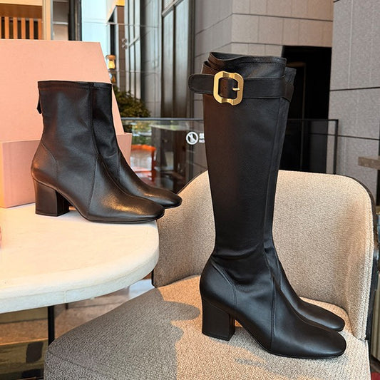 Chunky Zhang Gold Buckle Half Zipper Long Heels