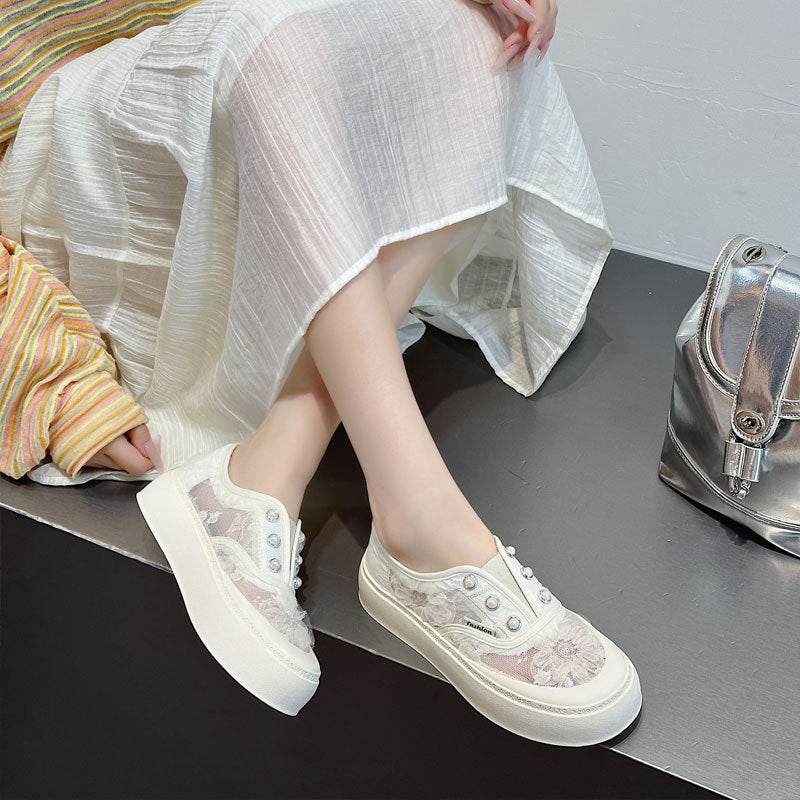 Women's Breathable White Lace Fisherman Mesh Fashionable Platform Slip-on Casual Shoes