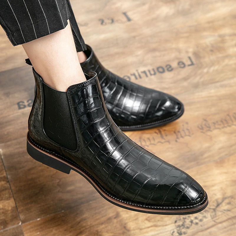 Men's Chelsea Pointed British Crocodile Pattern Ankle Fleece-lined Boots
