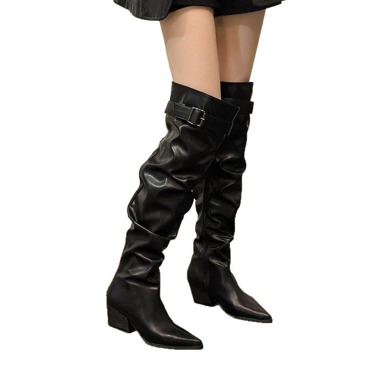 Over The Knee Large Tube Circumference Pile Style Pleated High Heels