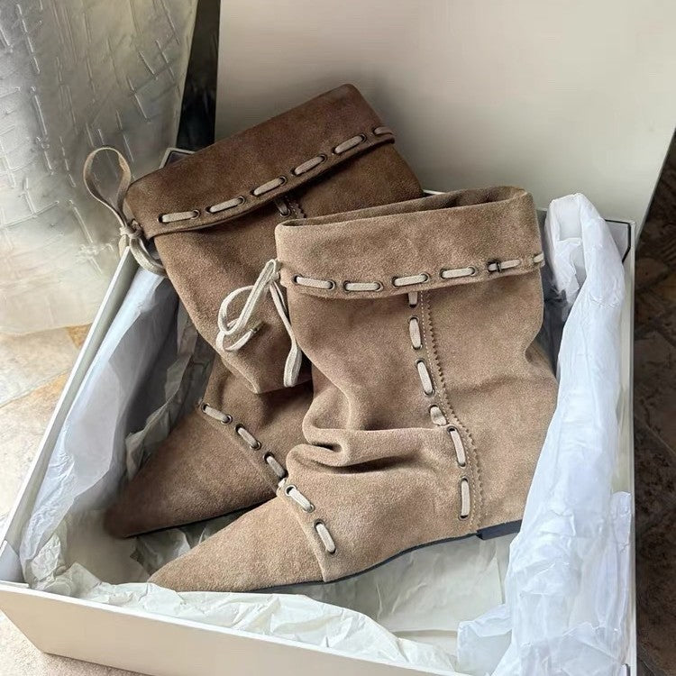 Sheepskin Version Korean Style Niche Suede Pointed Inner Height Increasing Women's Leather Boots