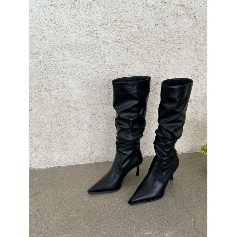 Women's Retro Pleated High-heeled High Top Long Design Women's Leather Boots